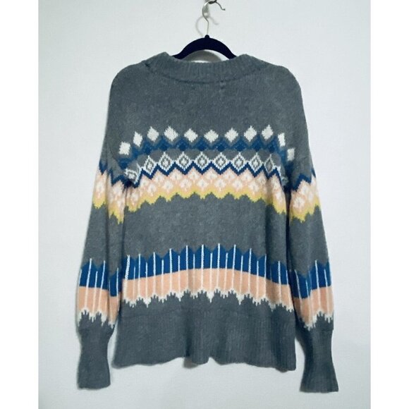 LOFT Fair Isle Sweater Womens Medium Balloon Sleeve Gray Mohair Soft Pullover - Picture 5 of 8